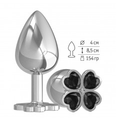 Серебристая анальная пробка-клевер с черным кристаллом - 9,5 см.