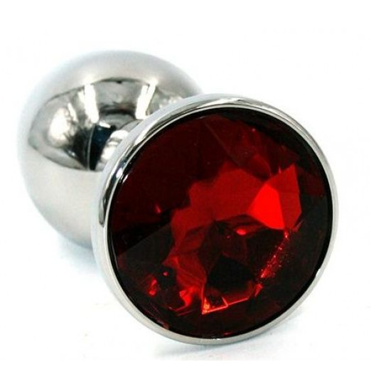 Серебристая хромированная анальная пробка с красным кристаллом - 7 см.