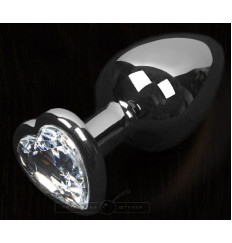 Серая анальная пробка с прозрачным кристаллом в виде сердечка - 8,5 см.