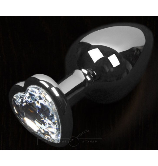 Серая анальная пробка с прозрачным кристаллом в виде сердечка - 8,5 см.