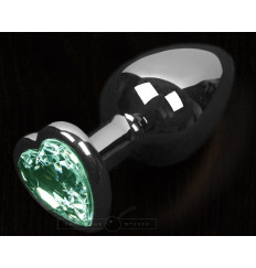 Серая анальная пробка с зеленым кристаллом в виде сердечка - 8,5 см.