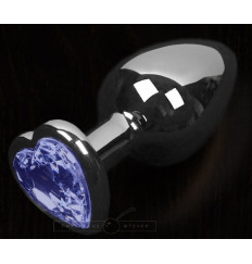 Серая анальная пробка с синим кристаллом в виде сердечка - 6 см.