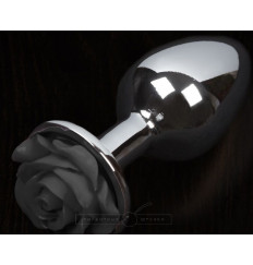 Серая анальная пробка с черной розочкой - 8,5 см.