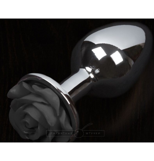 Серая анальная пробка с черной розочкой - 8,5 см.