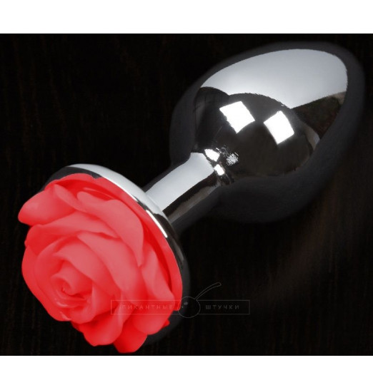 Серая анальная пробка с красной розочкой - 8,5 см.