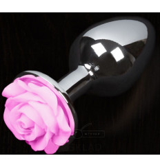 Серая анальная пробка с розовой розочкой - 8,5 см.